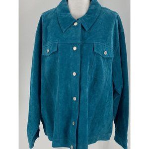 NWOT CWS Casual Workstyle Suede Jacket Turquoise Button Front Jean Style 3X